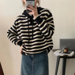 S&uuml;gis- ja talvine naiste kampsun Retro p&otilde;rkuvad triibud kapuutsiga kudum Lahtine pullover Pehme kampsun pikkade varrukatega kudum One Size aprikoosi