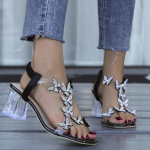 Naiste paksud kontsaga sandaalid, Butterfly Rhinestone Faux Pearl Square avatud varbaga keskmised kontsad, stiilsed elastse rihmaga sandaalid 35 must