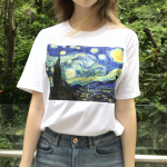 Hillbilly Starry Night Van Gogh Art valge puuvillane T-s&auml;rk Over Size Women S Cotton Digital XL valge