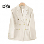 Naiste bleiser OL Stiilis t&ouml;&ouml;lk&auml;imiseks lahtine &uuml;hev&auml;rviline kaherealine pikkade varrukatega rev&auml;&auml;r, s&auml;lguga krae taskud, pidulik &auml;rimantel 3XL beež