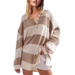 Naiste dressipluus Colorblock triibuline lahtik&auml;iv krae, pikkade varrukatega n&ouml;&ouml;bid, vaba pullover, vabaaja kodur&otilde;ivad S roosa