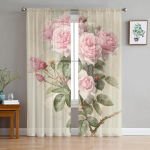 Roosad Lillelised Roosi Vintage L&auml;bipaistvad Kardinad Elutoa Kaunistamiseks T&uuml;ll Voile Organza Aknakardinad K&ouml;&ouml;ki Magamistuppa W135 x H115cm x1&Rod Pocket