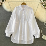 Elegantne Lihtne Pluss Suurus Vabaaja Naiste S&auml;rgid Kevad ja S&uuml;gis Lahtised Laterna Varrukatega Puuvillased Valged Pluusid Naised N&ouml;&ouml;bitavad &Uuml;hev&auml;rvilised S&auml;rgid Top S-5XL 26032 4XL valge