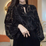 Pitsiline pikkade varrukatega s&auml;rk naistele, k&otilde;rgekvaliteediline temperamentne &otilde;&otilde;nestatud v&otilde;rgust &otilde;mblus- ja vananemisvastane pluus XXXXXL must