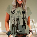 Suvised &uuml;mara kaelusega 3D kassipildiga pluusid, moodsad vabaaja l&uuml;hikeste varrukatega naiste T-s&auml;rgid S