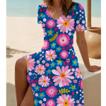 Suvemood naiste V-kaelusega l&uuml;hikeste varrukatega lillega tr&uuml;kitud kleit Seks-l&uuml;hikese seelikuga kleidid XS