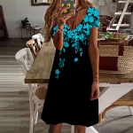 Suvemood naiste V-kaelusega l&uuml;hikeste varrukatega lillega tr&uuml;kitud kleit Seks-l&uuml;hikese seelikuga kleidid XS