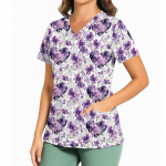 Naiste vabaaja tr&uuml;kimustriga V-kaelusega tasku ja k&uuml;ljel&otilde;hikuga l&uuml;hikeste varrukatega topp l&uuml;hikeste varrukatega topp XL lilla