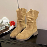 Suede Western Stacked Boots Naistele Moodsad Paksude Kontsadega Keskmise S&auml;&auml;rega Saapad Naistele Kevad S&uuml;gis Kingad &Uuml;hev&auml;rvilised Retro 35