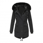 Naiste pikk kapuutsiga p&uuml;stjope pl&uuml;&uuml;sivoodriga talvemantel karvase kapuutsi, taskute ja pingutusn&ouml;&ouml;riga parka suurematele naistele ilmastiku jaoks XXL must
