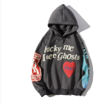 Lucky Me I See Ghosts Kirjatr&uuml;kiga dressipluus Paar Kanye West Graffiti Talvised pulloverid Kapuutsiga kapuuts Hip Hop pikkade varrukatega mantel L tumehall v&auml;rv