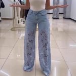 Naiste Keskmise V&ouml;&ouml;kohaga Pitsi L&auml;bil&otilde;ikega Lai Jalg Regulaarse L&otilde;ikega Elegantne T&ouml;&ouml;le Sobiv Veniv Denim P&uuml;ksid S taevasinine v&auml;rv