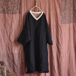Johnature puuvillane linane kevad-s&uuml;gis naiste kleit V-kaelusega pikkade varrukatega vintage avarad riided, triibulised vabaaja topeltkleidid One Size must