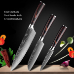 3 tk koka nugade komplekt Damaskuse mustriga k&ouml;&ouml;ginoa komplektid l&otilde;ikurite l&otilde;ikamiseks Santoku viilutamisnuga