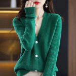 Kevad- ja s&uuml;gisene &uuml;ler&otilde;ivad Naiste kudumid, talv 2022, uus kampsun, pikkade varrukatega, vaba V-kaelusega kampsun, naiste topp One Size roheline