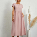 Suvine vabaaja kleit naiste l&uuml;hikeste varrukatega kaelaga Line naiste kleit taskuga kontoris Lady puuvillased linased kleidid 24647 L roosa