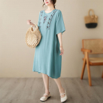 MOJTA suvine puuvillane tikitud l&uuml;hikeste varrukatega kleit naiste &uuml;markaelusega avar pikk seelik one size