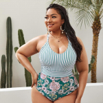 Suures suuruses bikiinide komplekt Naiste ujumistrikoo triibuline Lotus Leaf &uuml;hes t&uuml;kis ujumistrikoo Trend Sexy Cut &uuml;he kandega ujumistrikoo rannavarustus ujumistrikoo 0XL roheline