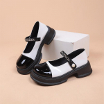 Uus paks talla &uuml;mmargune varvas Stiilis v&auml;ikesed nahast kingad Naiste paksu kontsaga Matsutake talla v&auml;rviga sobivad &uuml;ksikud kingad 35 must/valge