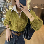 Retro kampsun naiste v&otilde;ltsitud kaheosaline polo kaelusega kootud keermega top One size valge