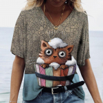 2023. aasta suveriided Naiste T-s&auml;rgid Kassimustriga 3d T-s&auml;rk Naiste l&uuml;hikeste varrukatega topid 5xl V-kaelusega Pullover Kawaii T&uuml;drukute T-s&auml;rgid Uus 5XL