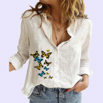 Naiste moodne rev&auml;&auml;rkrae kardigans&auml;rk Kevad-s&uuml;gis vabaajaprinteriga puuvillased linased pluusid S valge