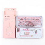 8-osaline matemaatika geomeetria komplekt, mis sisaldab joonlaudu, nurgam&otilde;&otilde;tjat, kompassi, pliiatsit, kustutuskummi roosa