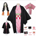 Kamado Nezuko Cosplay Kost&uuml;&uuml;m Anime Demon Slayers Kimono Kimetsu No Yaiba Kamado Nezuko Kost&uuml;&uuml;m Parukas &Uuml;htne Hallween Naised Lapsed XXXL-(Full set+wig)