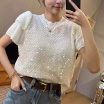 Naiste l&uuml;hikeste varrukatega T-s&auml;rk Sequins Knit Fashion lahtine topp One size valge