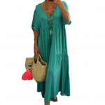 Naiste maksikleit, plisseeritud V-kaelus, vintage l&uuml;hikeste varrukatega, lapiline avar &auml;&auml;r, pehme &uuml;hev&auml;rviline naiste suvekleit L kollane