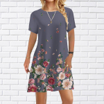 Naiste vabaajakleit suvine lilleline liblikas mustriga kleidid naistele O-kaelusega l&uuml;hikeste varrukatega kleit, suur suurus XS sinine