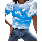 Naiste T-s&auml;rk Harajuku Sinine Taevas 3D Prinditud Mood Trend &Otilde;huke Hele V-krae Valge L&uuml;hikeste varrukatega Riided Vaba aeg Suvine Pullover 4XL