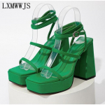 Kontoridaam Naiste Sandaalid Platvormkingad Pahkluu Pandlaga Ballikleid K&otilde;rge Kontsaga Kingad &Uuml;hev&auml;rvilised Ruudukujulise Ninaga Seksikad Naiste Sandaalid 35 roheline
