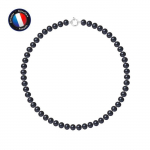 PERLINEA - Collier Perle de Culture d'Eau Douce AAA+ Semi-Ronde 8-9 mm Noire - Anneau Marin - Argent 925 Milli&egrave;mes - Bijoux Femme