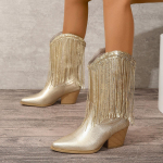 2024 Uus Klassikaline Naiste Vintage Cowgirl Kuldsete Tuttidega Cowboy Saapad Naistele Kingad Ruudukujulise Kontsaga Kontserdi L&auml;&auml;ne Saapad Naissoost 36 kuld