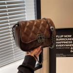 V&auml;ike l&otilde;hnav stiil ruuduline kettidega crossbody kott naistele kevad uus retro lihtne &otilde;lakott tikandiga joon v&auml;ike ruudukujuline kott (20cm<Max Length<30cm) brown