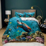 Merikilpkonna Tekikate Kuninganna Suurus Poiss Rannakilpkonna Tekikate Pol&uuml;ester 3tk Sinakasroheline Akvamariinsinine Abstraktne Kilpkonn Voodipesukomplekt US Twin(172x218cm)