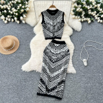 Suvine Naiste Vintage Barokk Prindiga Moelava Kaheosaline Komplekt Kootud Kampsun Pullover Tank Topid ja Keha j&auml;rgiv Tupe Seelik R&otilde;ivad One Size must