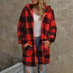 Naiste vabaaja pl&uuml;&uuml;sist pikkade varrukatega ruuduline kapuuts, taskuga lahtine kardiganmantel XXL
