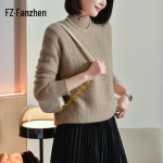 Fanzhen Women's 100% Wool Mock Neck Knit Sweater L