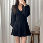 Koo silmkoeline kampsun Minikleit Naiste vabaaja laternaga varrukatega l&uuml;hikesed kleidid S&uuml;gistalv V-kaelusega r&otilde;ivad naistele XXL must