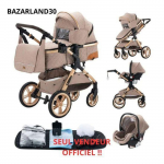 BAZARLAND30.Poussette 3 en 1 B&eacute;b&eacute; Combin&eacute;e Si&egrave;ge-Auto Nacelle Trio R&eacute;versible R&eacute;glable Haute Qualit&eacute; Roues increvables Canne. KHAKI