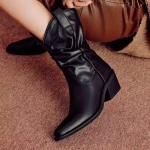 Naiste Paksude Kontsadega L&auml;&auml;ne Saapad Kunstnahast Suede Ankle Boots Naine S&uuml;gis Vintage Lai Toru Volditud Keskmise S&auml;&auml;rega Kauboi Saapad Mujer 35 must