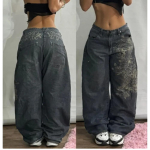 Naiste k&otilde;rge v&ouml;&ouml;kohaga laiad teksap&uuml;ksid Vintage tikandiga Denimip&uuml;ksid Y2K Streetwear Laia s&auml;&auml;rega p&uuml;ksid S must