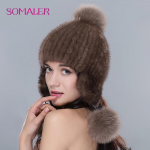 SOMALER naiste ehtsast naaritsakarusnahast m&uuml;tsid karusnahaga Pom Pom Talvise sooja kootud k&otilde;rvakaitsega nokam&uuml;tsid One Size pruun