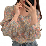 IWomanhood armas lilleprinteriga topp Noor kandiline kaelus, puhvis varrukas Armas naiste pluus t&ouml;&ouml;le L