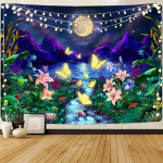 Kuu maastik Gobel&auml;&auml;n Lill Taim Liblikad Gobel&auml;&auml;nid T&auml;hine &ouml;&ouml; M&auml;gi seinarippus Boho Magic Room Decor Esteetiline 95x73cm