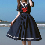 Uus Meremehe kraega merev&auml;rvi kleit Jaapani Lolita magus v&ouml;&ouml;ris&otilde;lmega t&uuml;drukule retro Kawaii preppy stiilis l&uuml;hikeste varrukatega kleit XL must