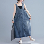 Rihmakleit naiste keskmise pikkusega A-versioon, v&auml;rviline V-kaelusega Literary Retro Plus Size XXL sinine