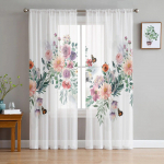 Akvarell Lehed Taimed Lilled Liblikad T&uuml;ll Voile Kardinad Magamistoa Elutoa Aknakardin L&auml;bipaistvad organza kardinad 135W x 114H(cm)